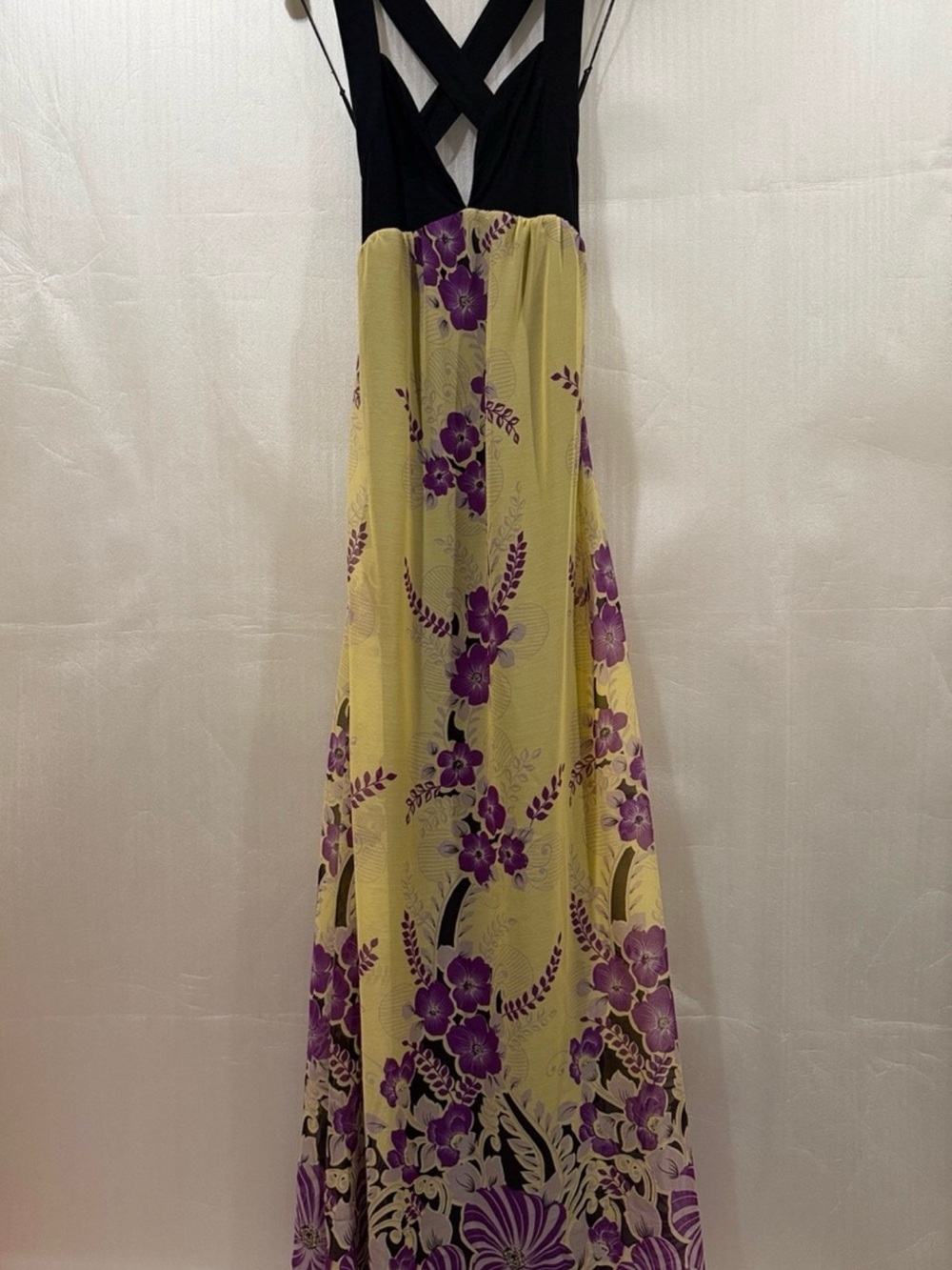 Black Cross Back Top with Purple Floral Print on Yellow Skirt Maxi Dress XS